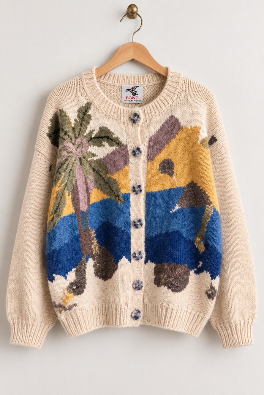 Vintage BONZ Hand Made Australia Coastal Scenic Wool Cardigan Sweater